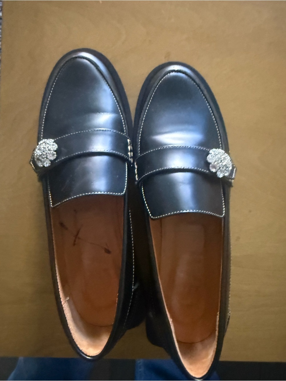 Ganni Black Leather Loafers with Crystal Buckle